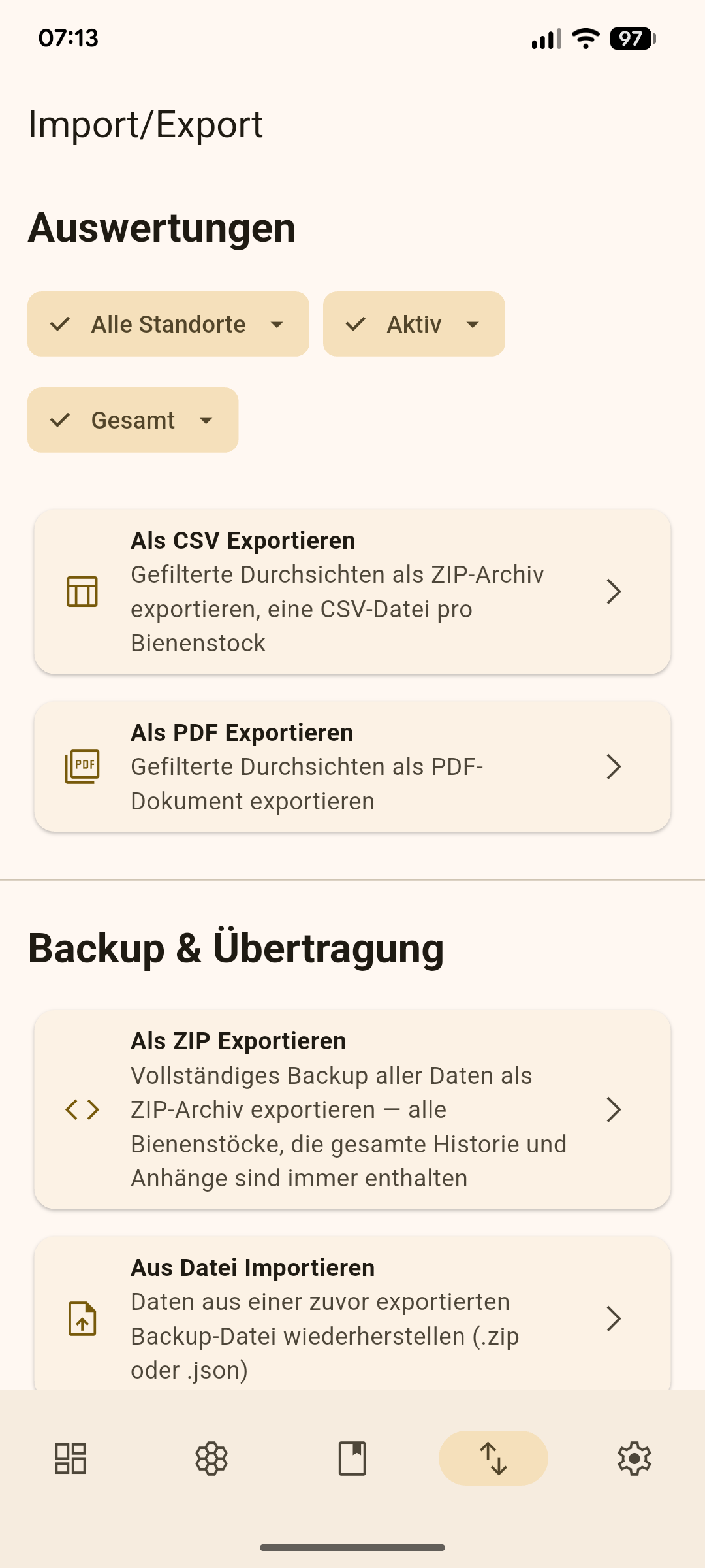 Stockerl App Export – CSV- und PDF-Export für Veterinärkontrolle sowie ZIP-Backup und Datei-Import