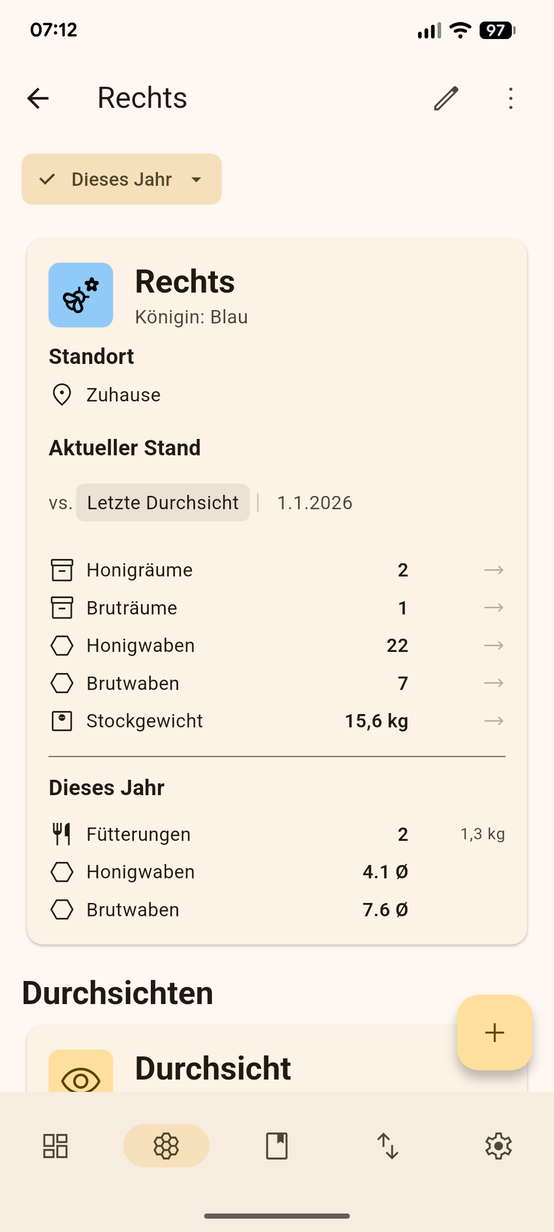 Digitale Stockkarte in der Stockerl App – Stockdetail mit Honigräumen, Bruträumen, Stockgewicht und Jahresstatistik