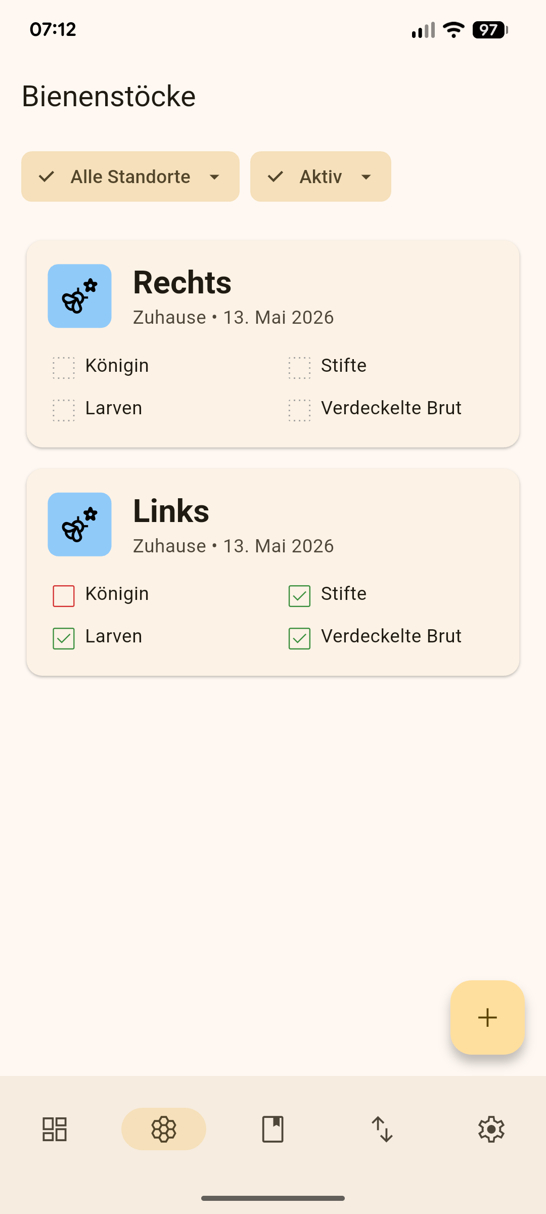 Bienenstöcke Übersicht in der Stockerl Imkerei App – Völkerverwaltung mit Königin, Larven und Brutkontrolle